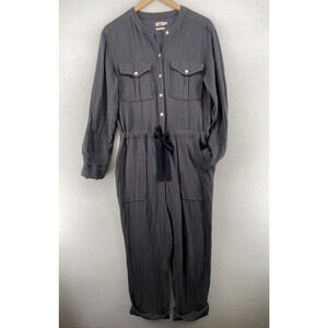 FAHERTY Jumpsuit XS Organic Cotton Gauze Coverall Utility Cinched Tapered Gray